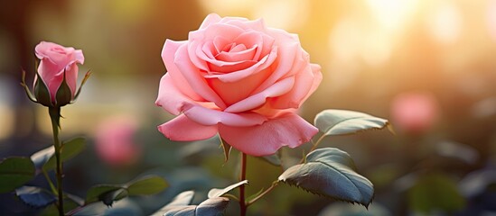 Obraz premium Delicate pink rose in full bloom on the right with green leaves, bright background sunlight creating a serene garden atmosphere and copy space.