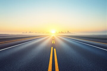 Fototapeta premium Open highway leading to a city skyline at sunrise with warm golden light.