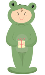 kid in green frog pajamas kigurumi, cute baby vector illustration in flat style, character