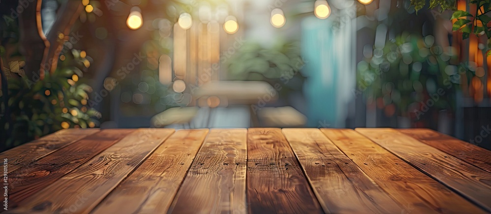 Poster wooden table in the foreground with warm blurred garden lights and greenery in the background, evoki