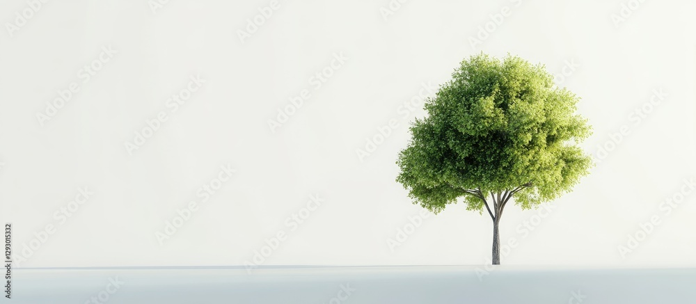 Poster lush green tree positioned left against a minimalistic white background, emphasizing tranquility and