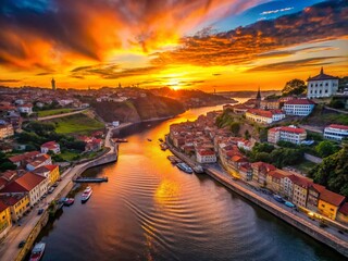 Dramatic Silhouette Drone Shot of Sandim, Vila Nova de Gaia, Portugal at Sunset
