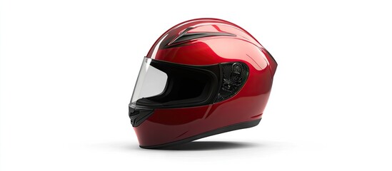 Red motorcycle helmet with a glossy finish positioned to the left against a white background showcasing its sleek design and visor clarity.