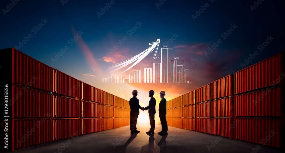 Aufkleber silhouetted figures shake hands amidst shipping containers, symbolizing a business agreement under a