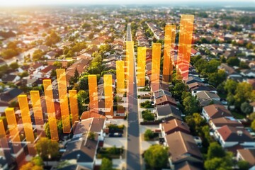 Fototapeta premium Data visualization over suburban neighborhood with orange bar graphs.