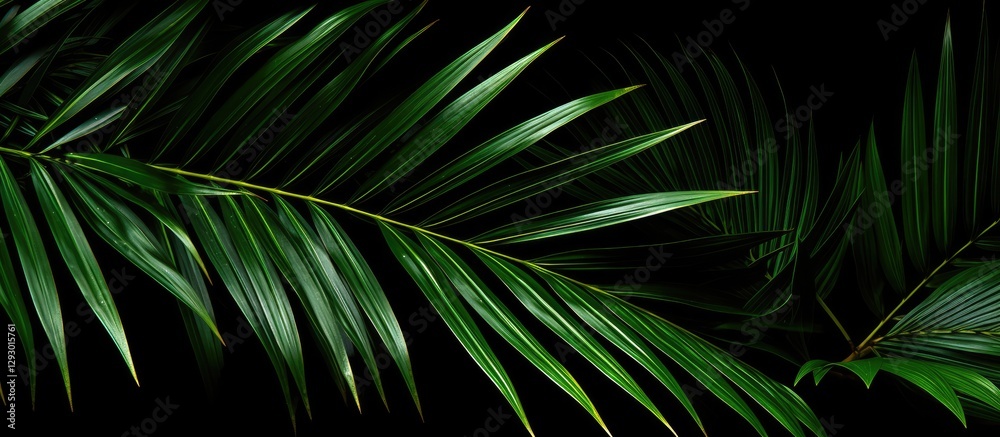 Poster lush green palm tree leaves gracefully arching from left to right on a deep black background highlig