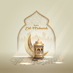 Islamic Eid greeting card with unique gold lantern and crescent moon decoration