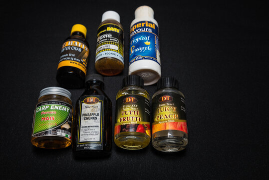 Flavor bottles for making boilies for carp fishing of different tastes. Various famous brands of equipment, accessories and self making of baits for carp fishing