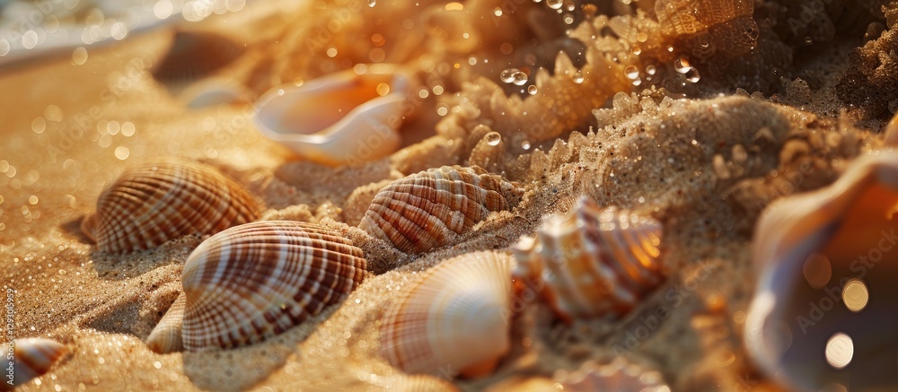Poster seashells scattered on golden sandy beach with warm sunlight creating a serene atmosphere and soft b
