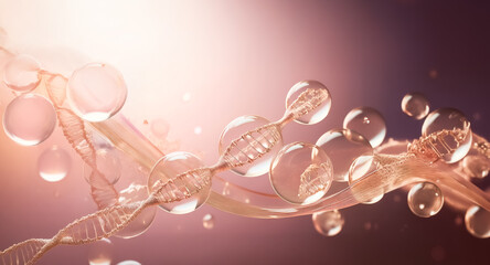 Delicate interconnected spheres on a flowing strand bathed in soft light. Peach and gold hues create a science-inspired, abstract, and elegant visual.