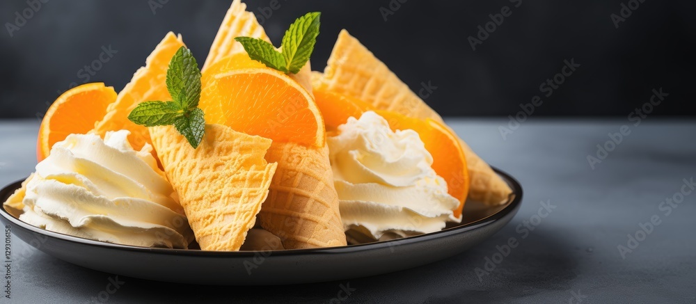 Poster orange popsicles arranged in a black plate on a gray background with whipped cream and mint leaves a