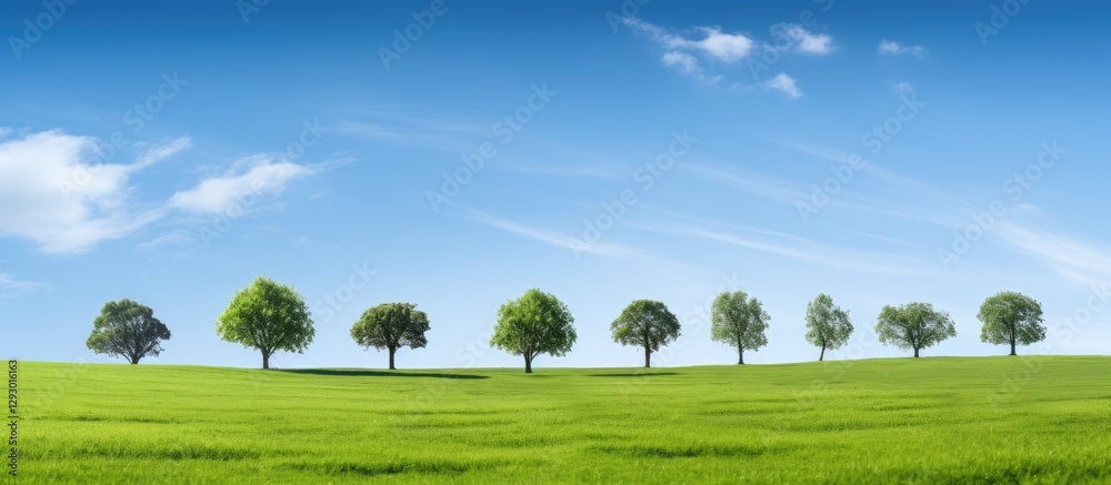Poster lush green grass landscape featuring a uniform line of ten leafy trees under a clear blue sky with s