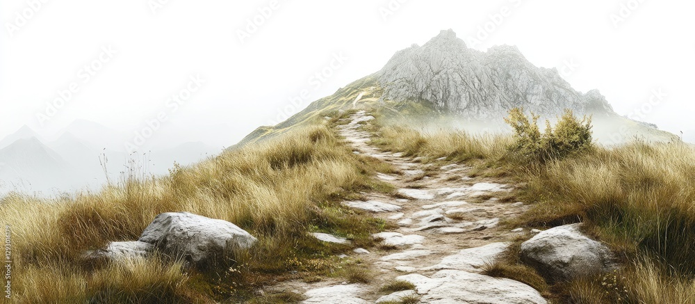 Fototapete mountain path winding through lush green grass with rocky edges under soft misty mountains in backgr