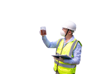 Engineer take water from  wastewater treatment pond to check the quality of the water. After going through the wastewater treatment process.