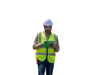 Engineers wearing safety gear, including hard hats examining survey standing industrial facility engaged in a job requires high safety standards concept with PNG white background.	