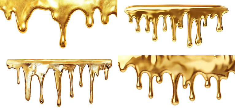 Set of shiny gold liquids dripping in smooth patterns, isolated on transparent cutout background