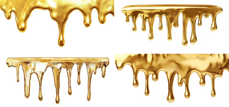 Set of shiny gold liquids dripping in smooth patterns, isolated on transparent cutout background