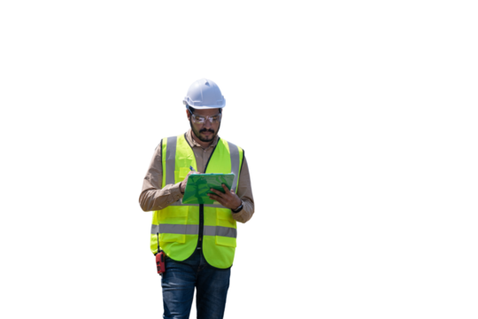 Engineers wearing safety gear, including hard hats examining survey standing industrial facility engaged in a job requires high safety standards concept with PNG white background.	