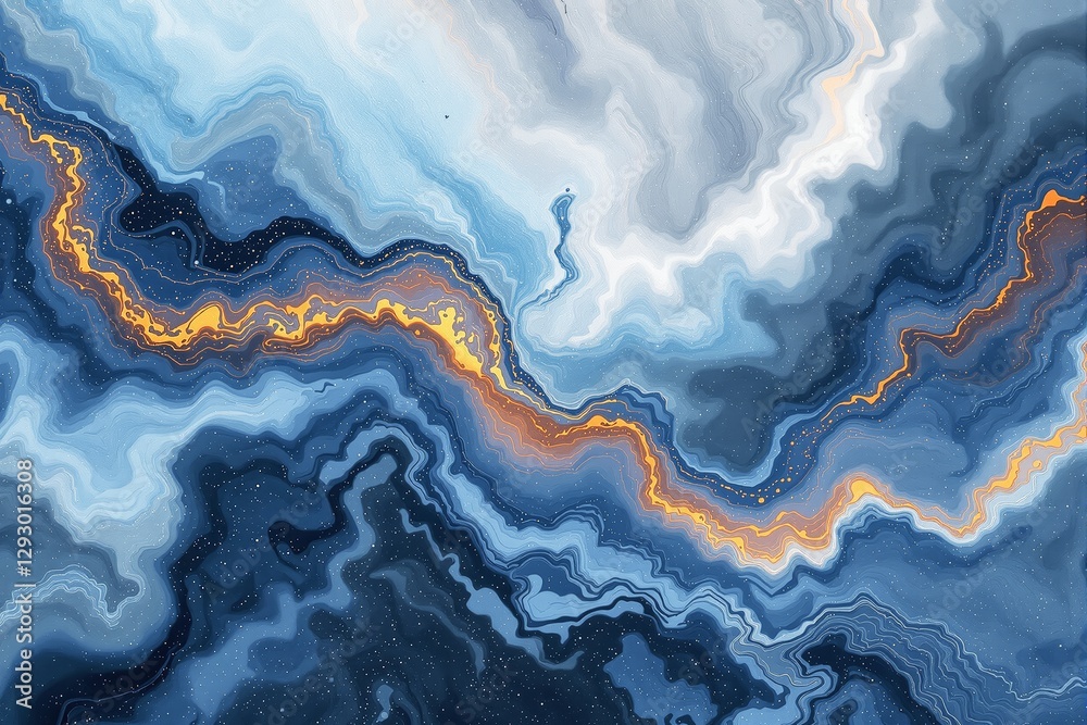Poster abstract fluid art with blue and orange wavy patterns on light background.