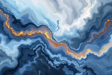 Abstract fluid art with blue and orange wavy patterns on light background.