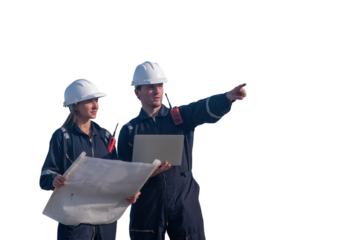 Engineer or worker against white backdrop clipping path interaction and safety gear teamwork, communication an industrial or construction setting workplace collaboration in an industrial environment.