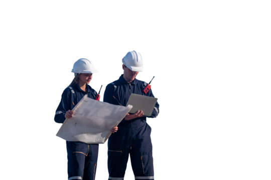 Engineer or worker against white backdrop clipping path interaction and safety gear teamwork, communication an industrial or construction setting workplace collaboration in an industrial environment.