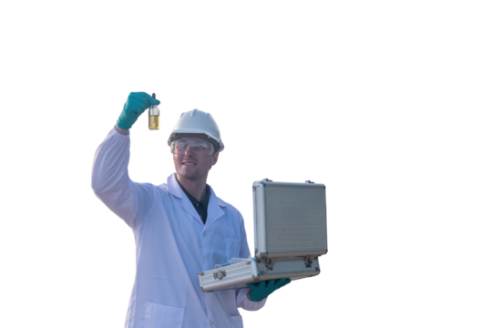 Engineer take water from  wastewater treatment pond to check the quality of the water. After going through the wastewater treatment process.