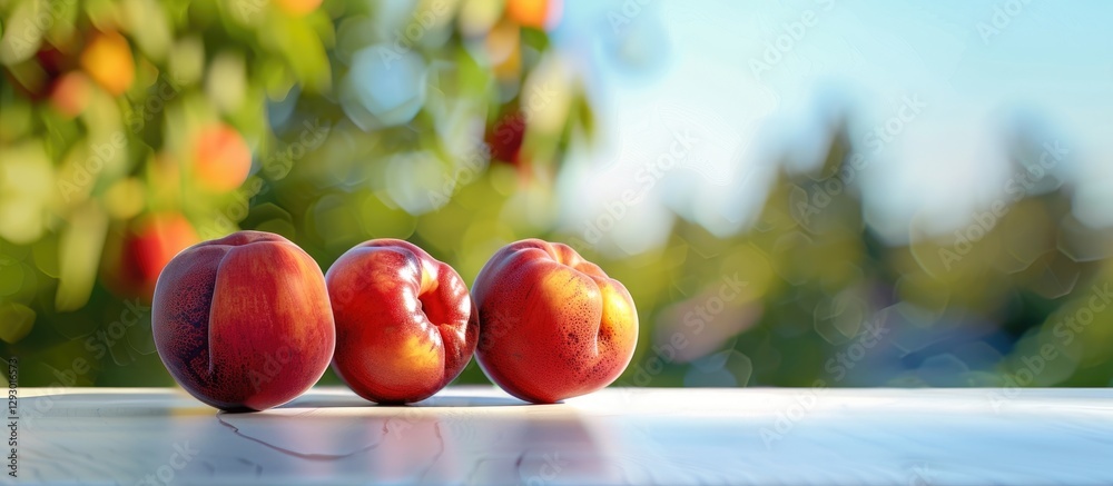 Poster Red apples arranged in a row on a wooden table with blurred green and orange foliage in the background under soft sunlight.
