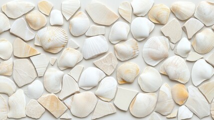 A collection of white and beige seashells arranged on a flat surface, showcasing natural texture and oceanic beauty.