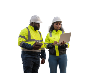 Engineer or worker against white backdrop clipping path interaction and safety gear teamwork, communication an industrial or construction setting workplace collaboration in an industrial environment.
