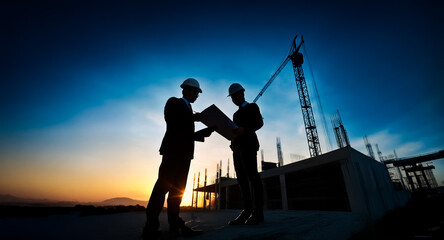 Fototapeta premium Two silhouetted construction workers in hard hats review blueprints at dusk on a building site with a crane and rebar against a vibrant sky.
