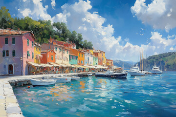 Obraz premium A stunning oil painting of a Mediterranean coastal village with a swirling sky, rich textures, and a dramatic ocean sunset. 