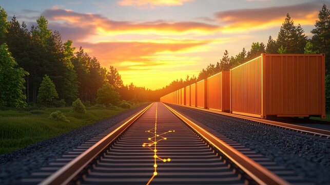 A tranquil sunset casts warm hues over railroad tracks lined with orange shipping containers, surrounded by lush greenery under a vibrant sky.cargo management warehouse scheduling