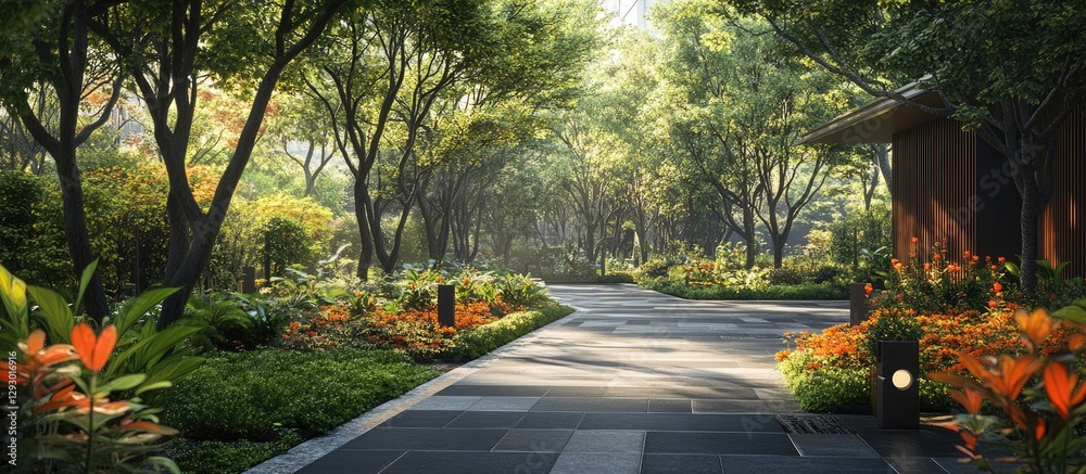 Leinwandbilder paved walkway leading into a lush urban forest with vibrant greenery and colorful flowers on both si