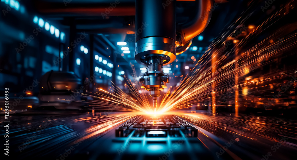 Fototapete Robotic arm in a factory setting powerfully cuts metal, creating bright sparks and dynamic lighting on the factory floor with automation machinery.
