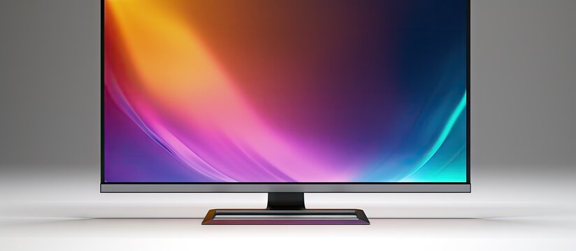Sleek flat panel LCD television monitor featuring a vibrant gradient background with hues of orange and purple centered for promotional use