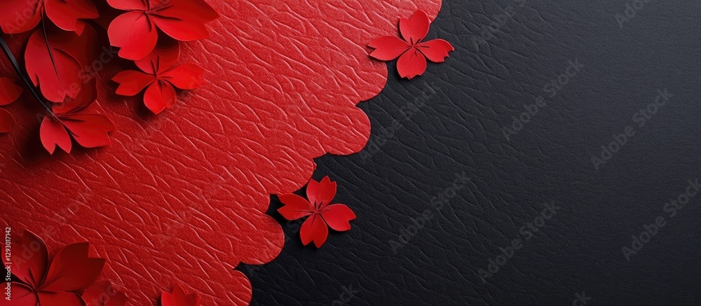 Poster red cherry blossom petals on textured red paper against a solid black background with a wavy edge cr