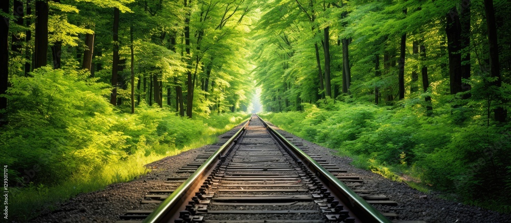 Poster Railroad tracks running through a lush green forest with vibrant summer foliage on both sides creating a serene natural pathway.