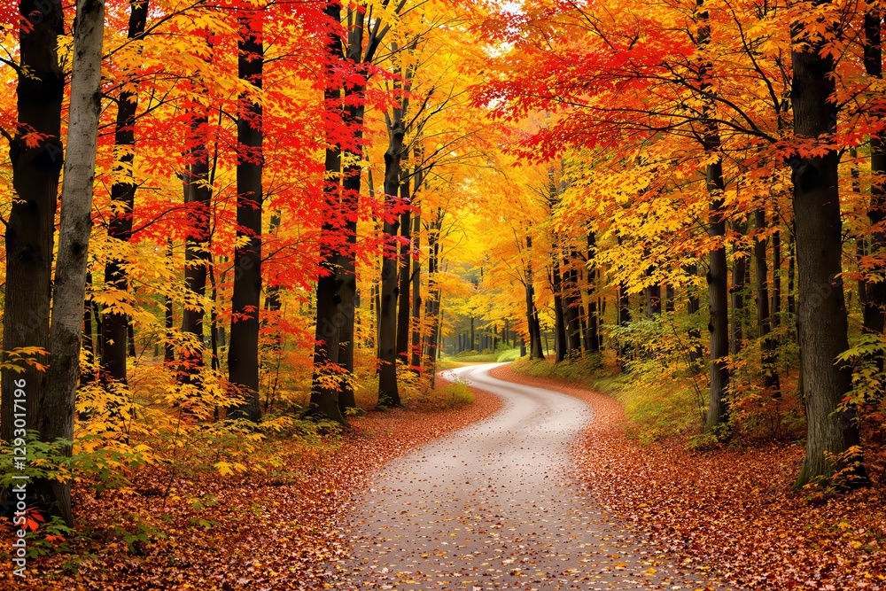 Poster autumn forest path with vibrant fall foliage.