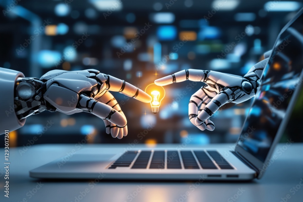 Poster Futuristic robotic hands touching with glowing light bulb between them, symbolizing AI innovation, on blurred technology background.