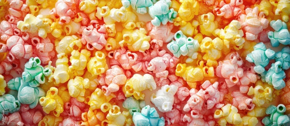 Poster colorful popcorn in pastel hues scattered across a vibrant yellow background from a top view perspec