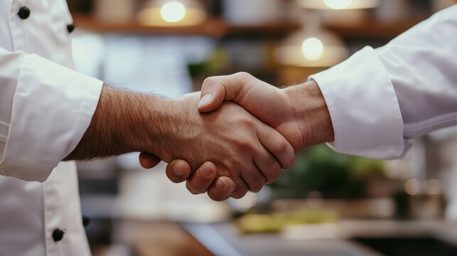 Chef and businessman shake hands in kitchen for catering partnership agreement and teamwork