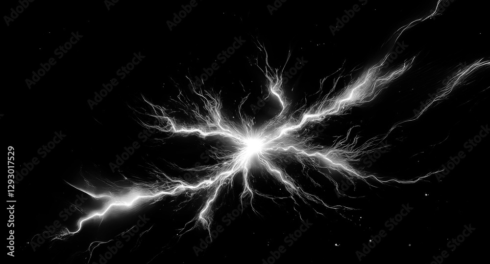 Poster white energy branches out like lightning from a central point against a stark black backdrop, creati