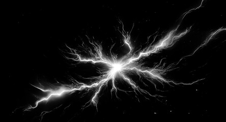 White energy branches out like lightning from a central point against a stark black backdrop, creating a dramatic, high-contrast abstract effect.