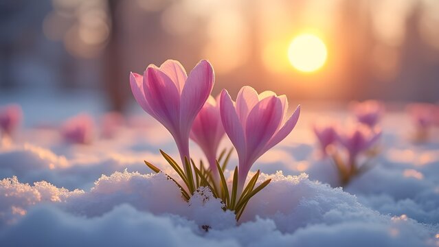 Fine inverno ed inizio primavera: crocus o crochi che spuntano dall'ultima neve