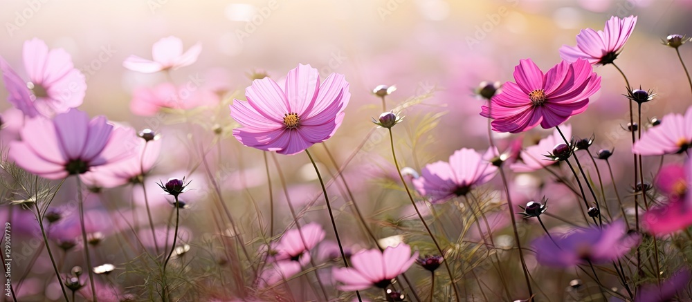 Poster vibrant field of pink and violet cosmos flowers in soft focus with blurred pastel background creatin