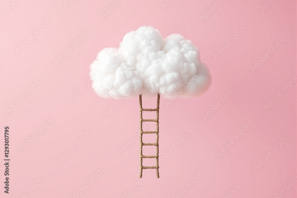 Aufkleber ladder made of rope leading into a fluffy white cloud against a soft pink background.