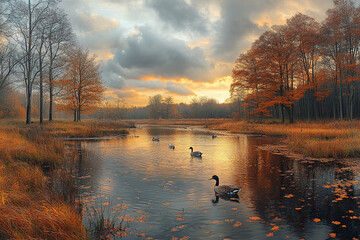 Naklejka premium Autumnal serenity, Ducks glide on a river reflecting golden twilight