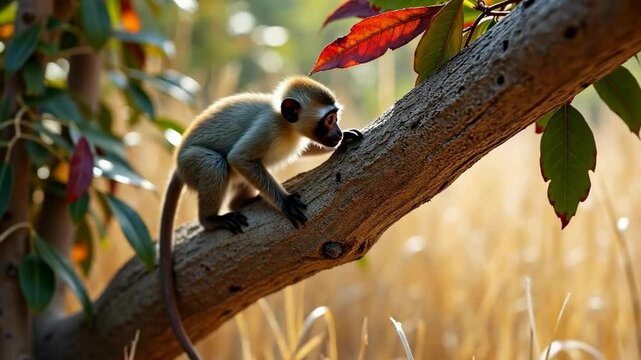 A little monkey is sitting on a branch among the autumn leaves. She has big eyes and light brown fur. Leaves of various shades of red and yellow are visible around it.