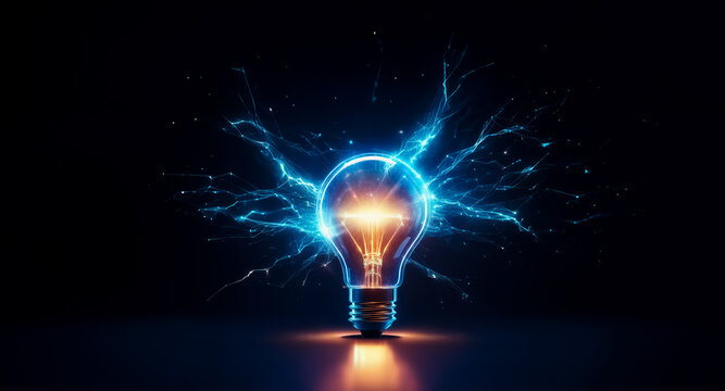 A glowing light bulb emits bright light, surrounded by blue electrical sparks against a dark background. The bulb symbolizes ideas and innovation with a powerful energy surge.